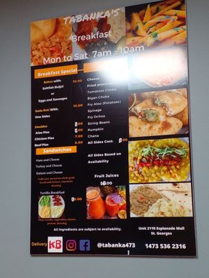 Menu at Tabanka in St Georges