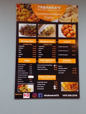 Menu at Tabanka in St Georges
