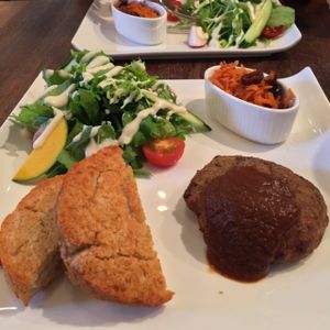 lunch plate with 'pancakes' - different pancakes, so expect them to look like this. very yummy!! at CHOICE in Kyoto