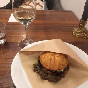 gluten free vegan burger and organic sake  at CHOICE in Kyoto