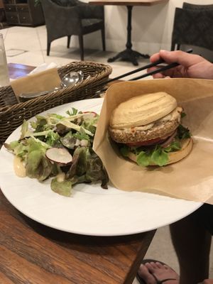 Burger and salad  at CHOICE in Kyoto