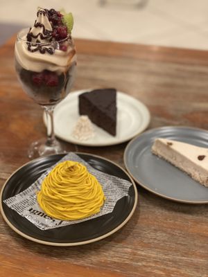 Desserts: chocolate cake, cheese cake, parfait and pumpkin cream   at CHOICE in Kyoto