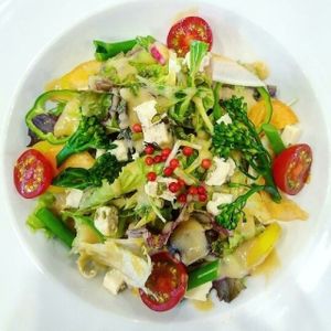 beautiful salad with delicious vegan cheese  at CHOICE in Kyoto