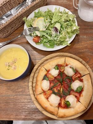 Pizza, corn soup & medium salad  at CHOICE in Kyoto