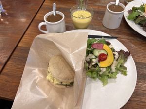 Vegan egg salad sandwich, salad, coffee, and corn soup  at CHOICE in Kyoto