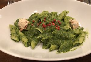 Pasta with spinach, vegan cheese and chlorella  at CHOICE in Kyoto