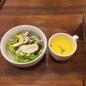 Corn soup and salad at CHOICE in Kyoto