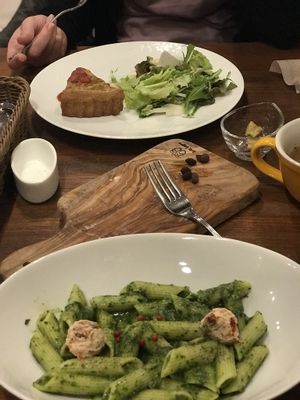 Pesto pasta and quiche with salad at CHOICE in Kyoto