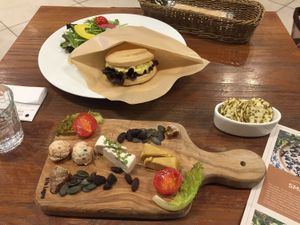 Egg sandwich with small salad and the cheese platter at CHOICE in Kyoto