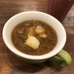 Onion soup with vegan cheese. Good! at CHOICE in Kyoto