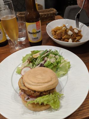 Burger and pasta at CHOICE in Kyoto