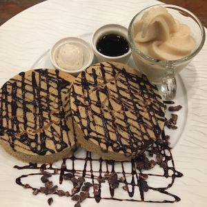 The chocolate pancakes with vegan cashew butter, maple syrup, and rice ice cream at CHOICE in Kyoto