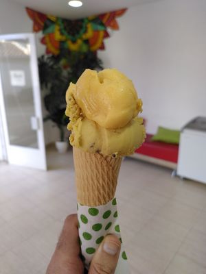 Melone on top, ciokomenta underneath...spectacular! at Gelateria Natura in Orgiva