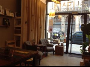 Inside looking out at El Cafe Blueproject in Barcelona