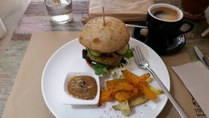 My delicious, cruelty free burger! :) at El Cafe Blueproject in Barcelona