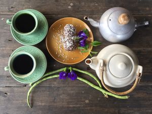 exotic teas and chocolate bliss balls  at Happy Green in Chiang Mai