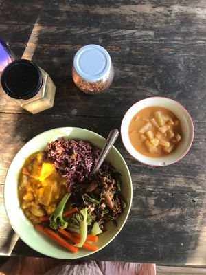 Different curries, veggies, rice and a mushroom tofu stir fry at Happy Green in Chiang Mai