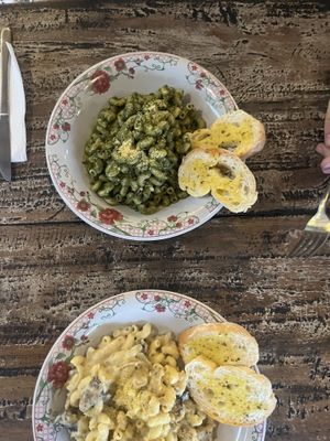 Pesto Pasta and Garlic bread, creamy pastaa  at Vegan Soul Cafe in Penida Island