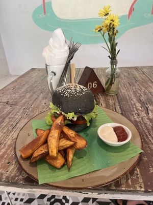 Veggie burger with sweet potato fries  at Vegan Soul Cafe in Penida Island