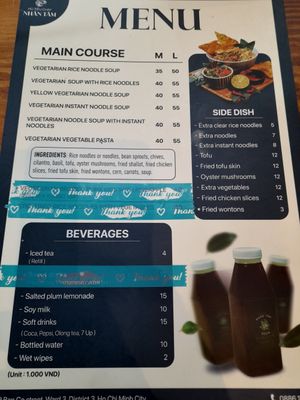 Menu in English at Quán Hủ tiếu chay Nhân Tâm in Ho Chi Minh City