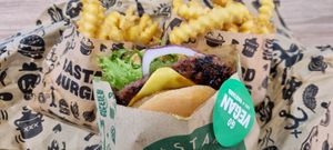 Vegan Texas Burger with fries at HEL - Bastard Burgers in Vantaa