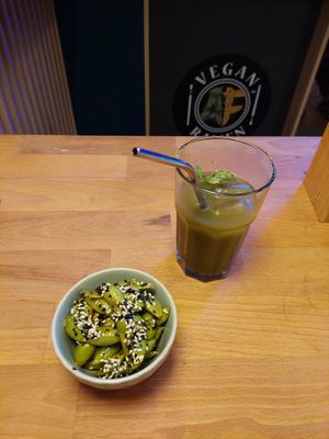 Edamame starter & matcha lemonade at Vegan AF Ramen in Wroclaw