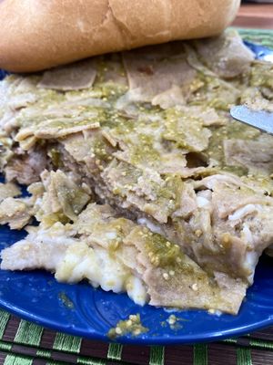 Los Chilaquiles me gustan pero no tanto la milanesa de no pollo (texture was interesting) at Chatarra Vegana in Mexico City