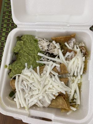 Huge Vegan Friendly Portions - No Pollo Tacos Dorados con Arroz, Chilaquiles y extra Guacamole (a little too spicy for me)  at Chatarra Vegana in Mexico City