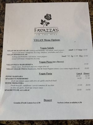 vegan menu  at Favazza's in St Louis
