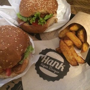 2 vegan burgers with fries at Hank Cuisine Végétale - Archives in Paris