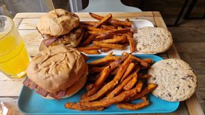 We halved the burgers so we could try two different flavours - both amazing! at Hank Cuisine Végétale - Archives in Paris
