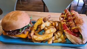 Champêtre burger with potato wedges and a Hankdog at Hank Cuisine Végétale - Archives in Paris