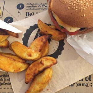 Burger and chips on the side - delicious!  at Hank Cuisine Végétale - Archives in Paris