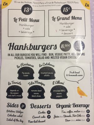 Menu at Hank Cuisine Végétale - Archives in Paris