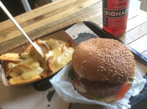 Burger and potatoes with cheese (all vegan) at Hank Cuisine Végétale - Archives in Paris