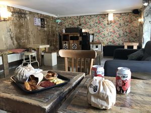 Burgers with potato slices, ketchup, vegannaise and organic Cola at Hank Cuisine Végétale - Archives in Paris
