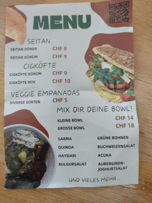 Backside of a flyer for their grand opening. As you can see, all is vegetarian, and almost everything is offered in vegan versions. at VeggEast in Basel