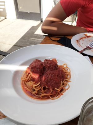 Yummy vegan spaghetti with "meat"balls at Pizza Fino in Portland
