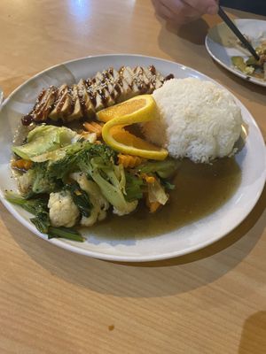 Bbq tofu chicken with salad and rice  at Sunflower Thai Vegetarian Restaurant in Auckland