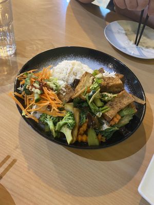 Pad pak with rice and salad  at Sunflower Thai Vegetarian Restaurant in Auckland