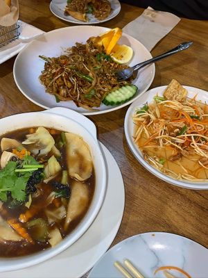 dumpling soup, salad, pad thai  at Sunflower Thai Vegetarian Restaurant in Auckland