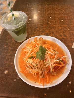 papaya salad and sour lemon/mint soda  at Sunflower Thai Vegetarian Restaurant in Auckland