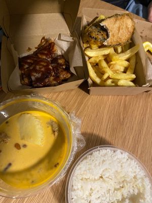 Massaman and rice, fish and chips, and desert roti special  at Sunflower Thai Vegetarian Restaurant in Auckland