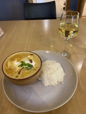 Massaman curry and Baby Doll Chardonnay   at Sunflower Thai Vegetarian Restaurant in Auckland