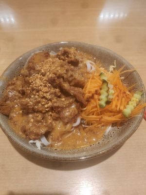 This was the best vegan chicken I have ever had it was the pra ram satay with plant based crispy chicken anf rice noodles, I recommend at Sunflower Thai Vegetarian Restaurant in Auckland