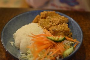 Pra ram crispy tofu on rice at Sunflower Thai Vegetarian Restaurant in Auckland