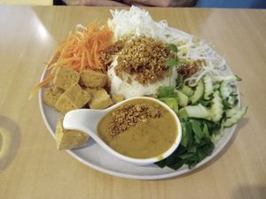 buddha bowl with a massive portion of satay sauce (well everything was massive) at Sunflower Thai Vegetarian Restaurant in Auckland