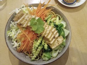 noodle salad (noodles are hidden below!) w "chicken" at Sunflower Thai Vegetarian Restaurant in Auckland