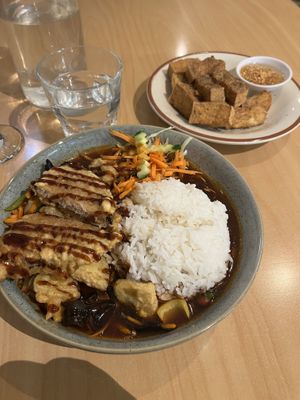 Fish and eggplant stir fry + salt and pepper tofu   at Sunflower Thai Vegetarian Restaurant in Auckland