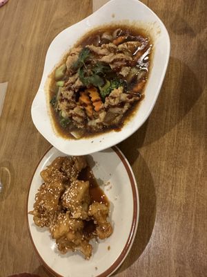 Vegan chicken noodle soup and bang bang cauliflower   at Sunflower Thai Vegetarian Restaurant in Auckland